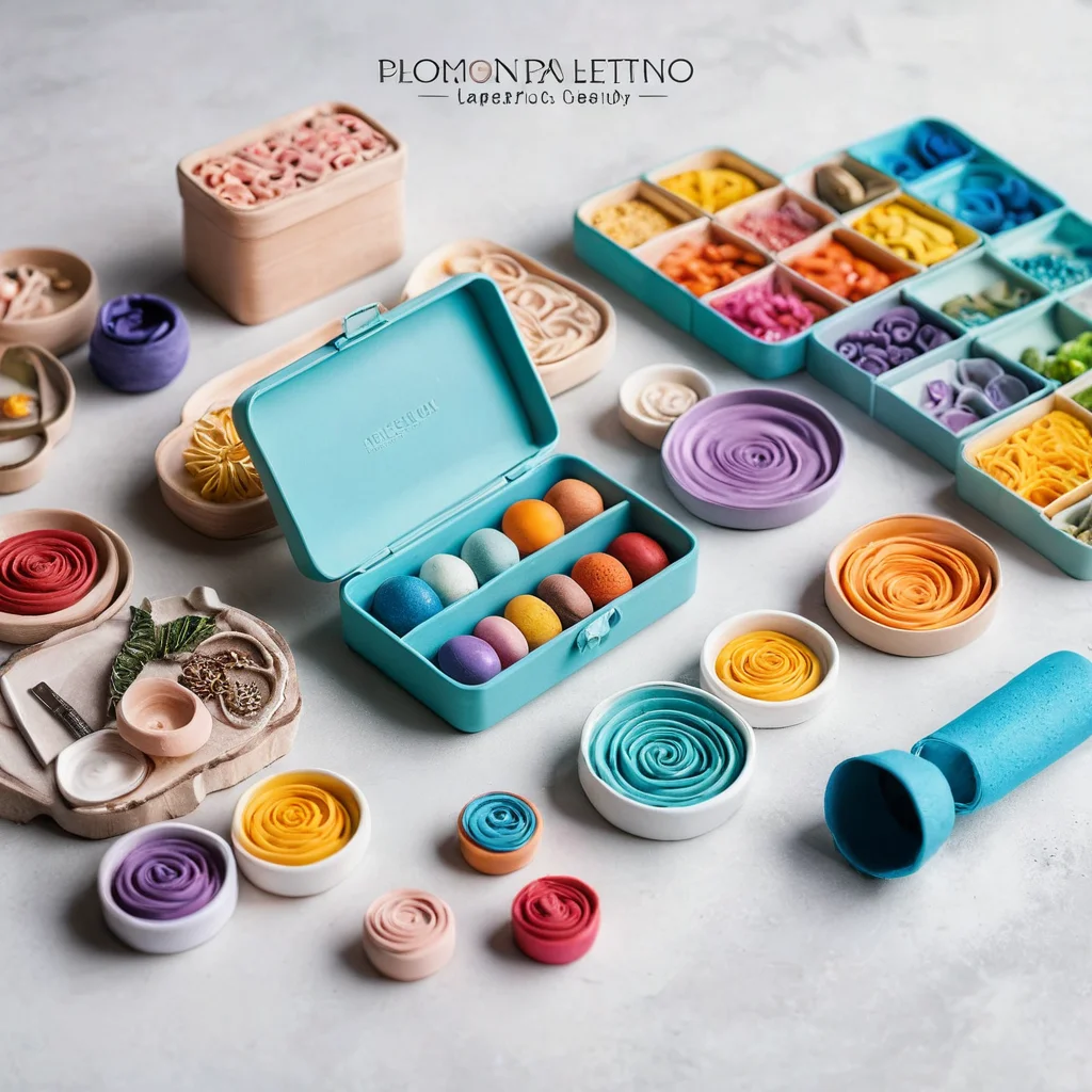 Коллекция красиво оформленных изделий из полимерной глины (украшения, статуэтки), демонстрирующих идеи для развития мастерства, с рядом лежащими принадлежностями для ухода, такими как мягкая салфетка и кисточка.