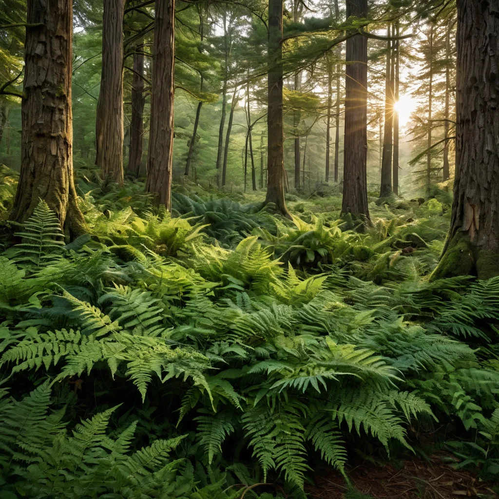 Богатая зелень папоротников, высокие сосны, нежные полевые цветы, древний дуб, разнообразные лесные растения, густая листва, подлесок.