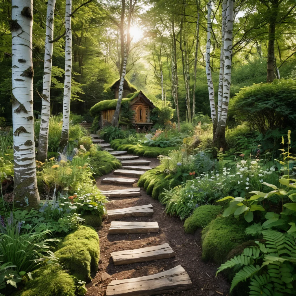 Уютный уголок сада в лесном стиле, естественный дизайн, извилистая тропинка, березы, тенелюбивые растения, замшелые бревна, безмятежная атмосфера.