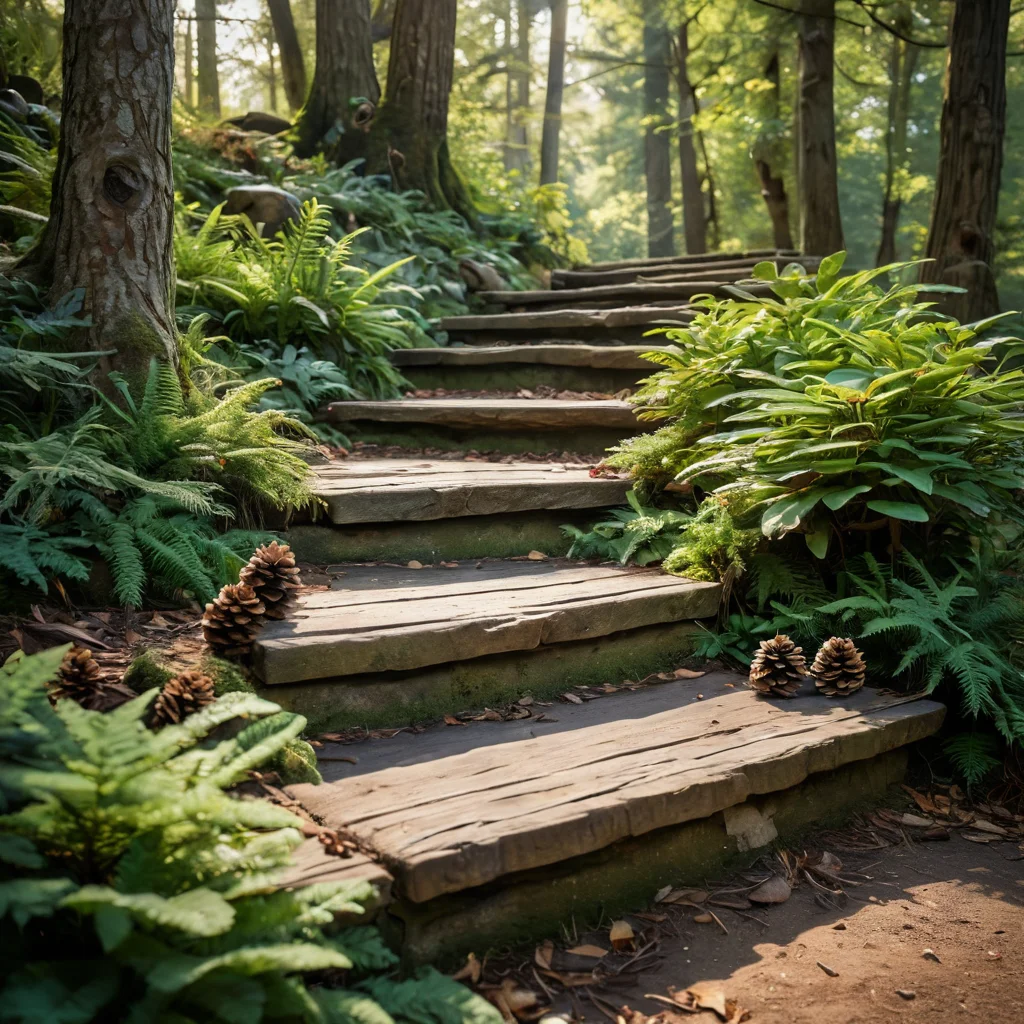 Натуральные каменные ступени, состаренная деревянная скамья, грубая кора, лесная подстилка, шишки, землистые тона, природный декор.