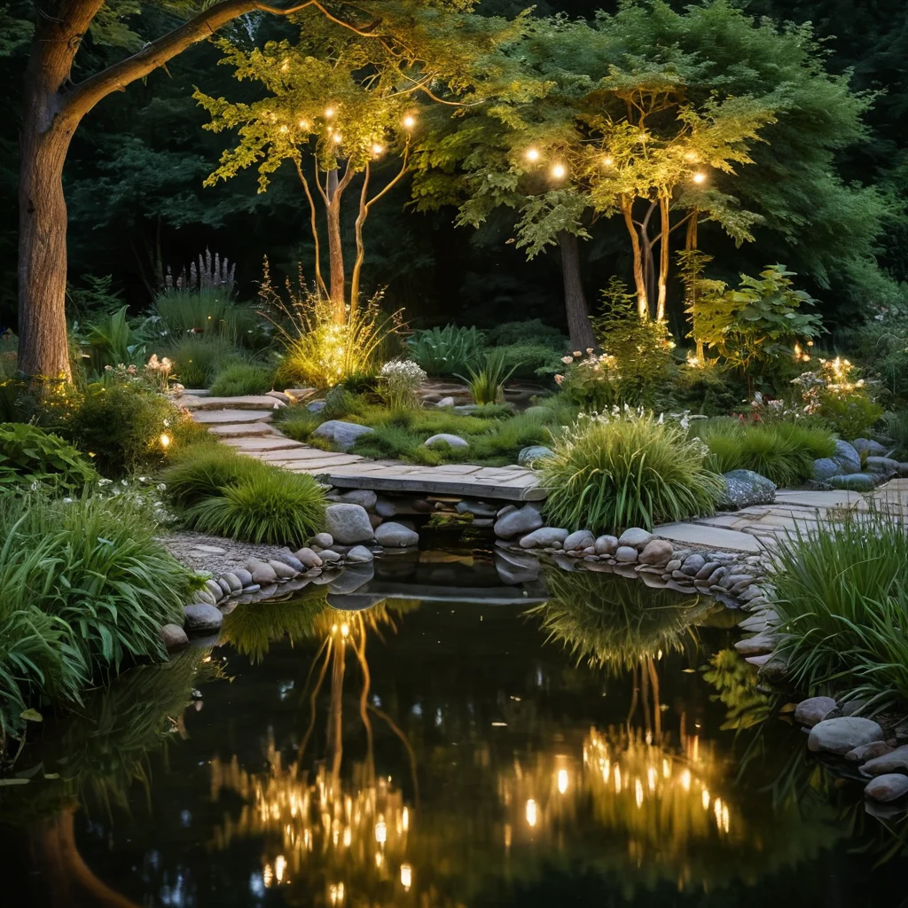 Атмосферное освещение сада: мягкие гирлянды, небольшой естественный пруд с отражениями, шепчущие деревья, тихий вечер, сказочные огни.