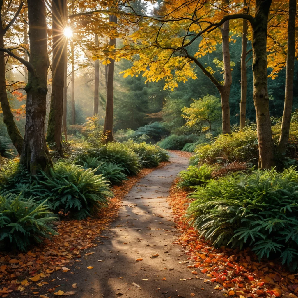 Лесной уголок сада осенью: красочные опавшие листья, ветви вечнозеленых растений, влажная земля, свежий воздух, сезонная красота, естественный уход.
