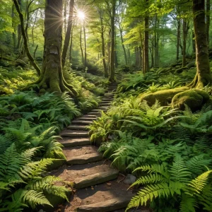 Умиротворяющая лесная поляна, залитая солнечными лучами, с мшистыми камнями, папоротниками и полевыми цветами, создающая атмосферу естественности и спокойствия.