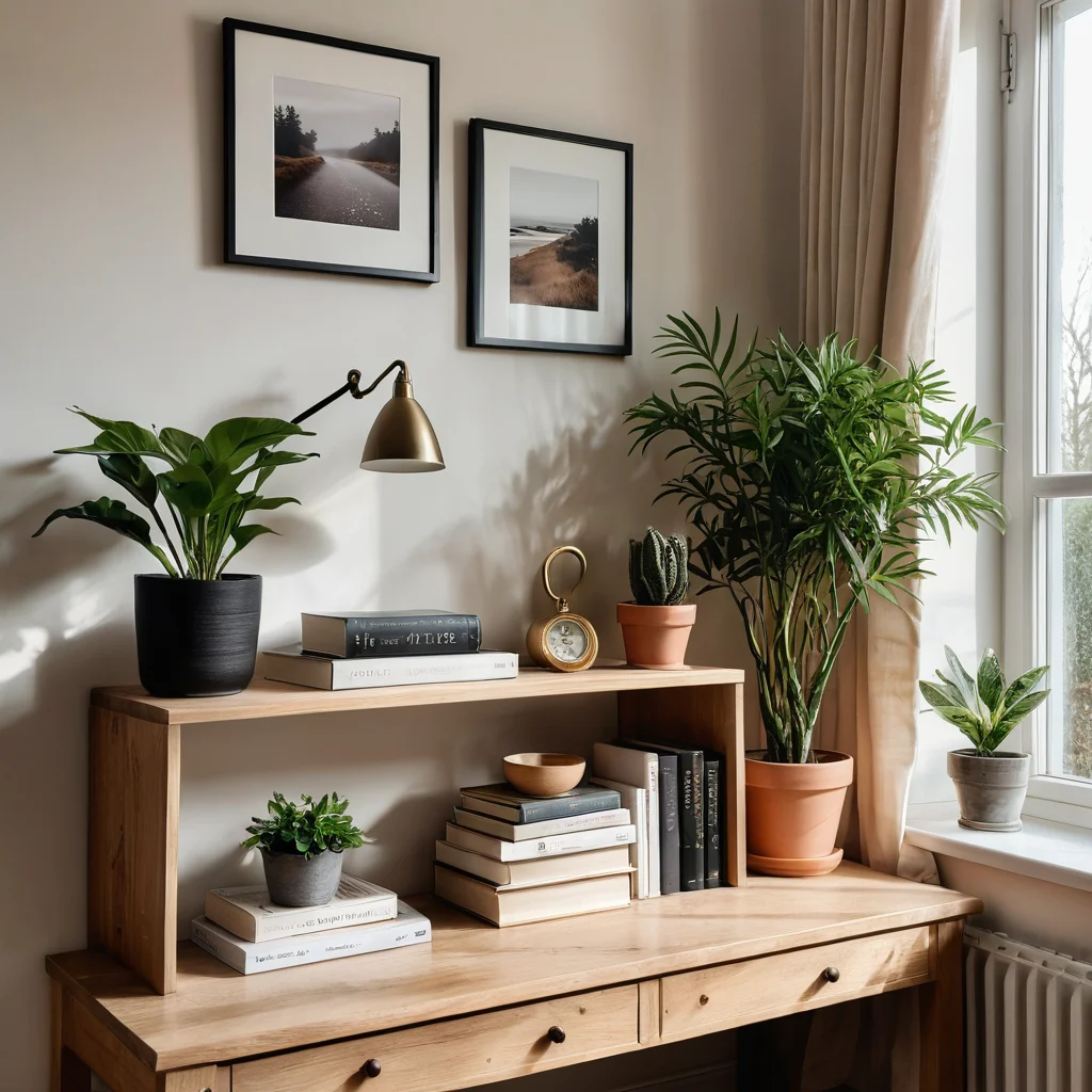 Аккуратно организованный уголок дома, залитый солнечным светом, с изящно расставленными предметами декора, книгами и небольшими растениями, демонстрирующий организованность и уют летнего интерьера.