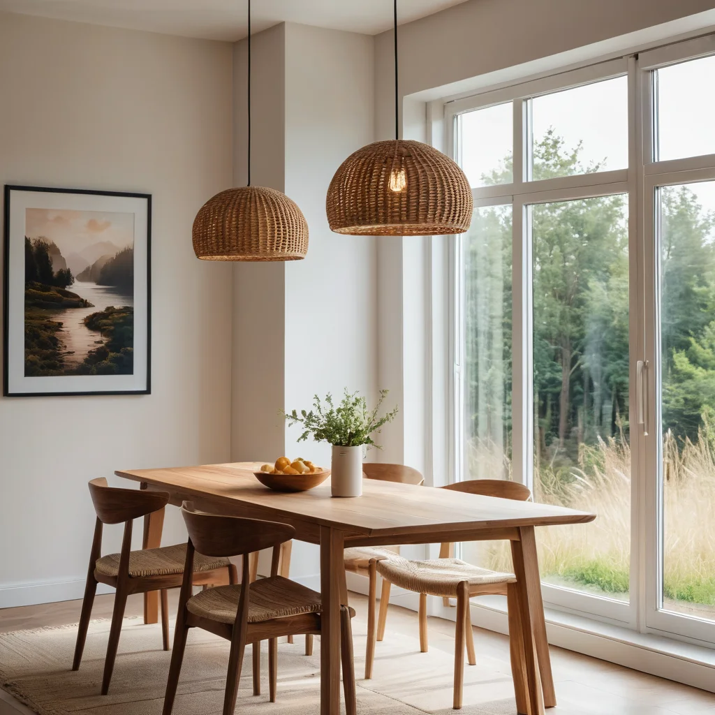 Минималистичная обеденная зона с большими окнами без штор, подвесным светильником с абажуром из натурального материала, залитая солнечным светом, с деревянным столом и простой посудой, передающая легкость летнего освещения.