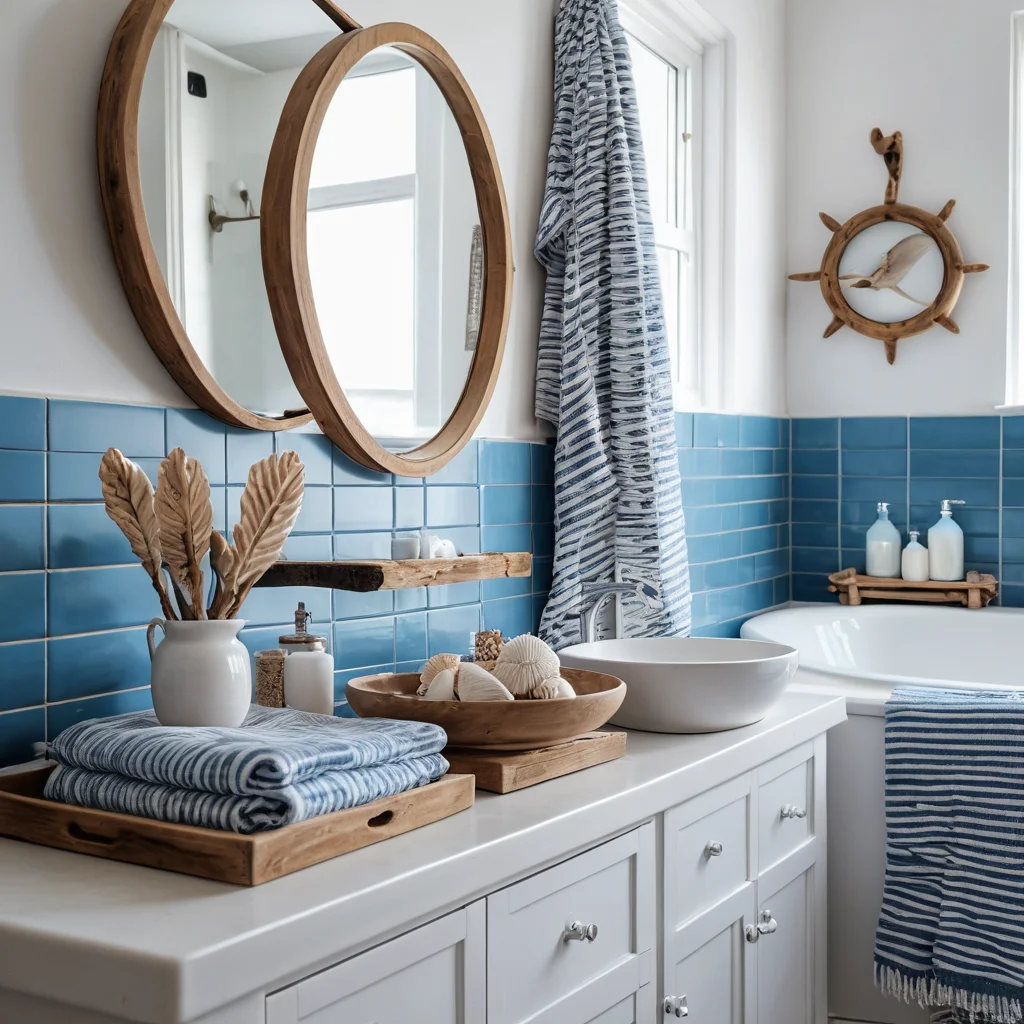Ванная комната в морском стиле с сине-белой плиткой, декором из ракушек, полосатыми полотенцами и элементами из коряг, создающая ощущение чистоты, свежести и морского бриза.
