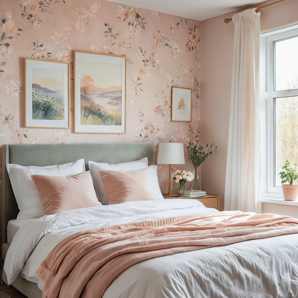 Спальня в пастельных тонах с мягким освещением, акварельный рисунок на стене, нежные цветочные узоры, солнечный свет, воздушная атмосфера, передающая летнее настроение.