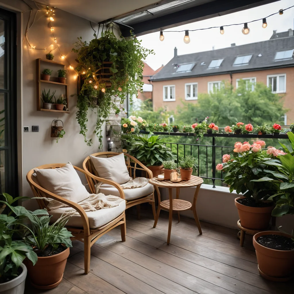 Уютный балкон-оазис с удобными сиденьями, комнатными растениями, гирляндами и летними цветами, с видом на сад, создающий расслабленную атмосферу для отдыха на свежем воздухе.