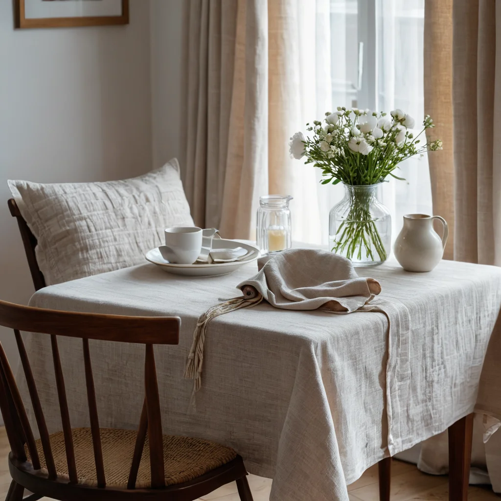 Макросъемка текстур натуральных тканей: льняная скатерть, хлопковые подушки, струящееся вискозное платье на стуле, освещенные мягким дневным светом, подчеркивающая комфорт летних материалов.