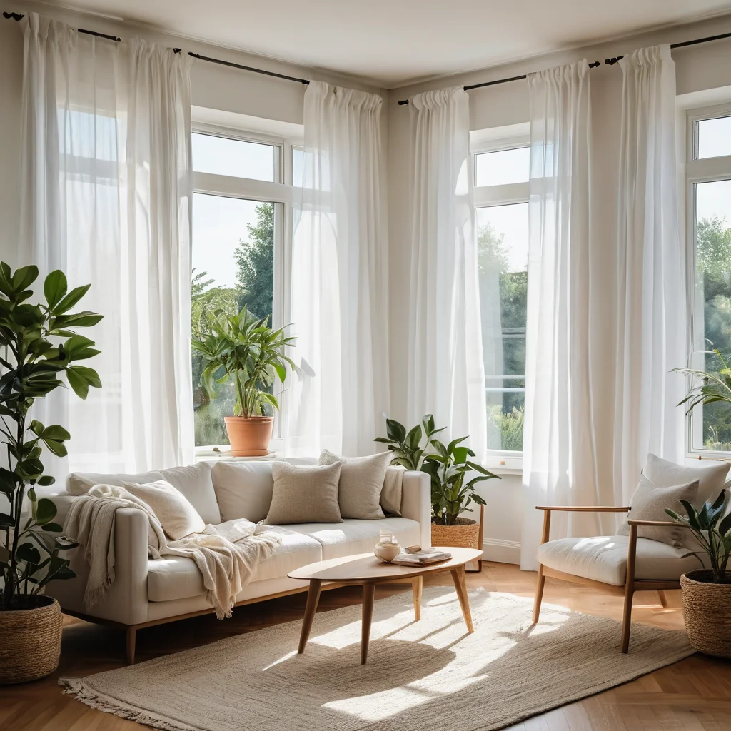 Залитая солнцем гостиная с легкими льняными шторами, пропускающими естественный свет, минималистичный декор, белые стены, комнатные растения, создающая атмосферу свежести и легкости летнего интерьера.