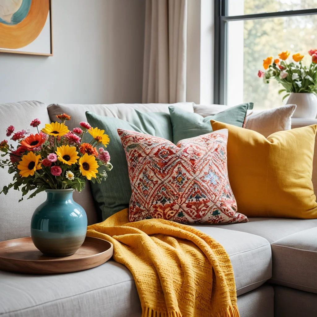 Яркие акцентные подушки на диване, разноцветная керамическая ваза с цветами, яркий плед в солнечном уголке гостиной, создающие жизнерадостное и энергичное летнее настроение.