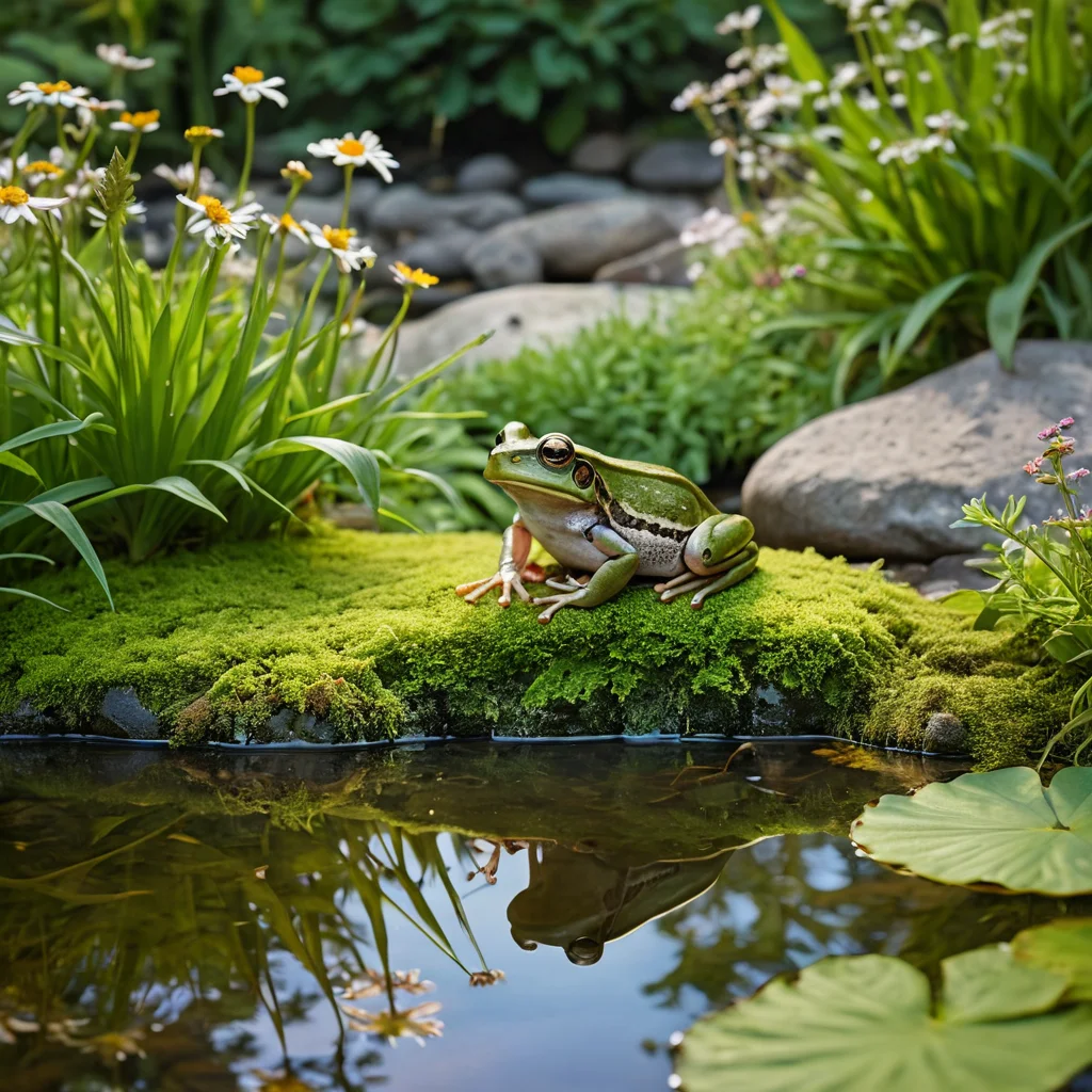 Милый маленький "лягушачий" пруд в природном саду, окруженный пышной зеленью, с мягким течением воды и умиротворяющей атмосферой, детальный вид.