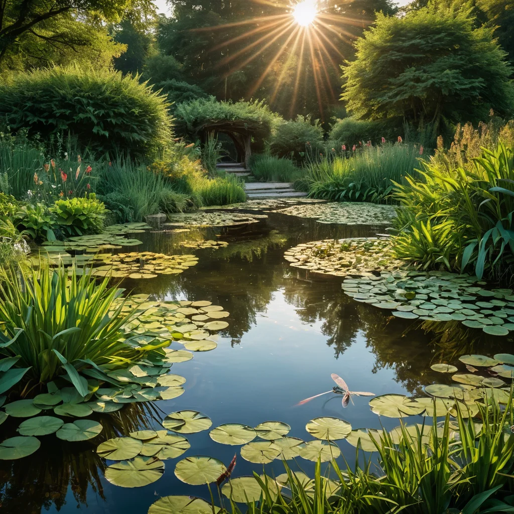 Идилличный садовый пруд, полный жизни: стрекозы, кувшинки, прозрачная вода, естественная экосистема, привлекающая полезных насекомых, уголок природы.