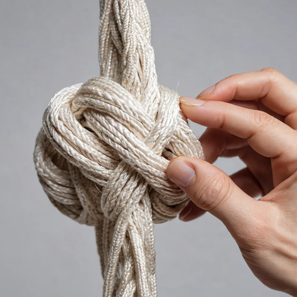 Крупный план рук, пошагово демонстрирующих выполнение репсового (монтажного) узла макраме, основного для начала любого проекта, с акцентом на четкость каждого движения.