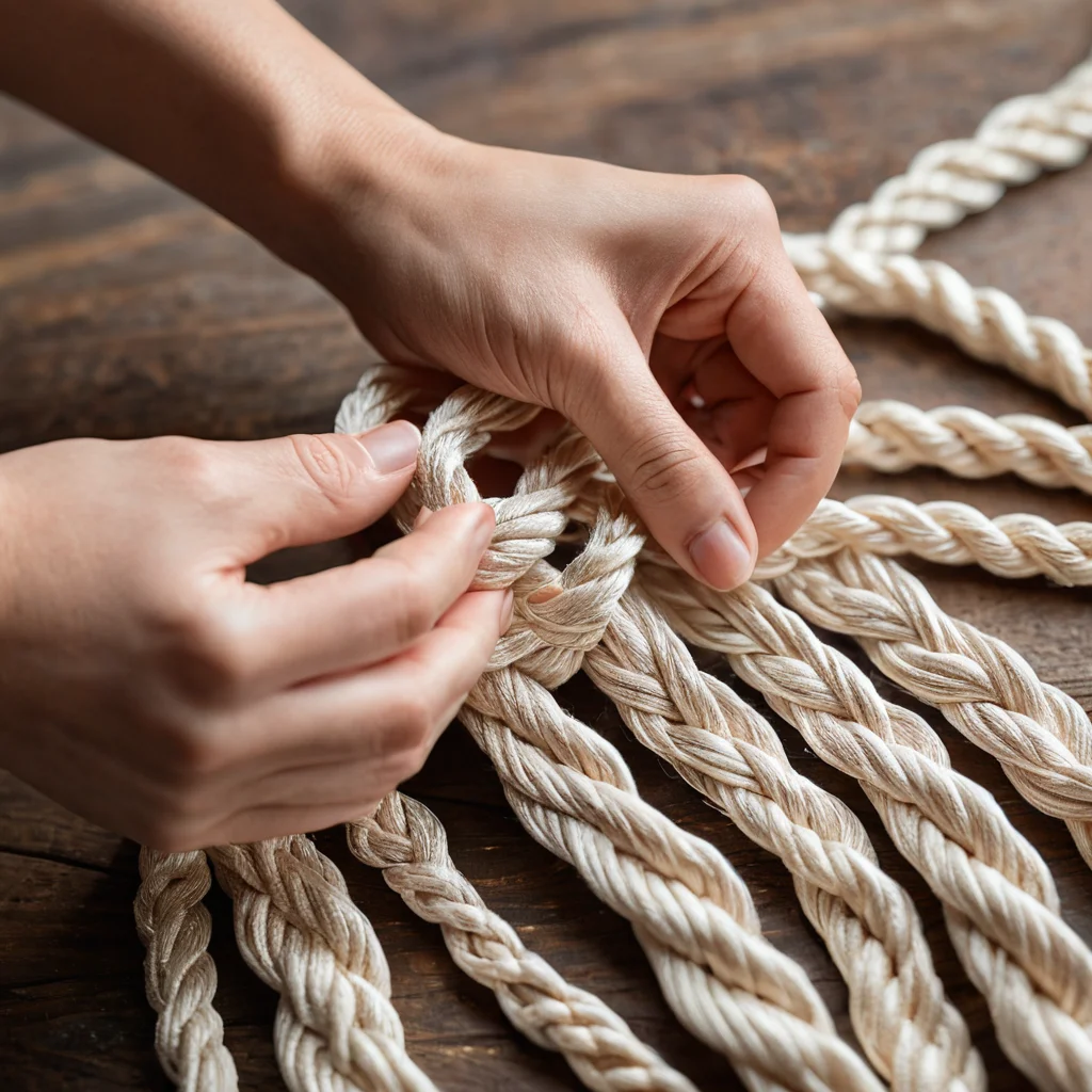 Крупный план рук, пошагово демонстрирующих выполнение плоского узла макраме, являющегося основой для большинства проектов и узоров, с идеальной натяжкой нитей.