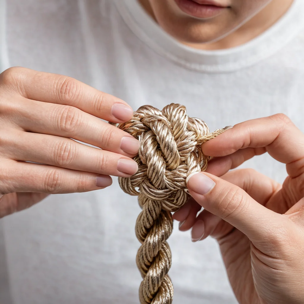 Крупный план рук, пошагово демонстрирующих выполнение спирального узла (узла 'на винте') макраме, который создает уникальную витую текстуру и добавляет объем изделию.