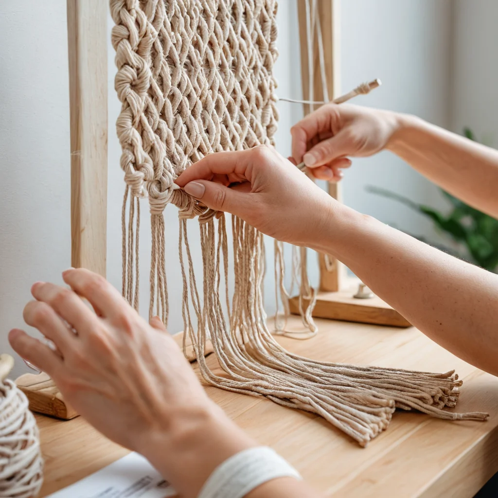 Аккуратно организованное рабочее пространство для макраме с подвешенными нитями, готовыми к завязыванию первых узлов, что подчеркивает важность подготовки для новичков.