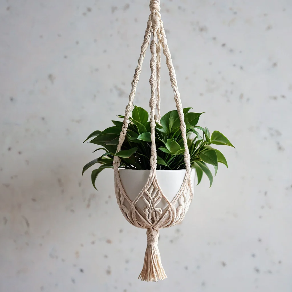 Коллекция первых готовых проектов макраме для новичков: небольшой подвес для растений, миниатюрное настенное панно и брелок, вдохновляющая на дальнейшее творчество.