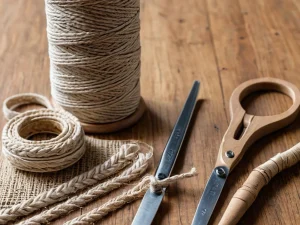 Натюрморт с различными материалами и инструментами для макраме: мотки хлопкового шнура, джутовая веревка, деревянная палка, ножницы и рулетка, демонстрирующий выбор для начинающих.