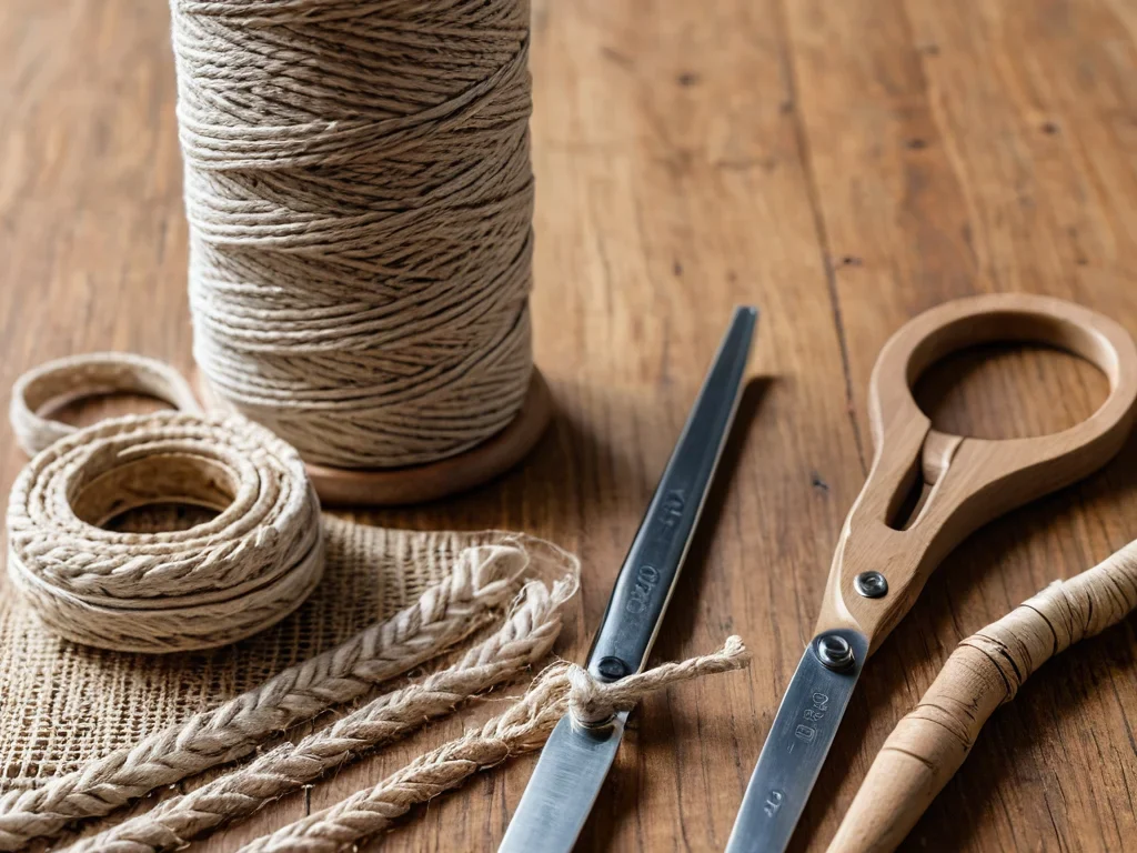 Натюрморт с различными материалами и инструментами для макраме: мотки хлопкового шнура, джутовая веревка, деревянная палка, ножницы и рулетка, демонстрирующий выбор для начинающих.