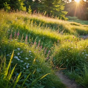 Фотореалистичное изображение разнообразного луга с полевыми цветами и травами, ярко-зеленое, естественное, крупный план, боке, солнечный день, насыщенные цвета, детализированные текстуры, демонстрирующее отличие мавританского газона от обычного.