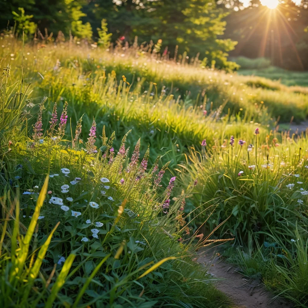 Фотореалистичное изображение разнообразного луга с полевыми цветами и травами, ярко-зеленое, естественное, крупный план, боке, солнечный день, насыщенные цвета, детализированные текстуры, демонстрирующее отличие мавританского газона от обычного.