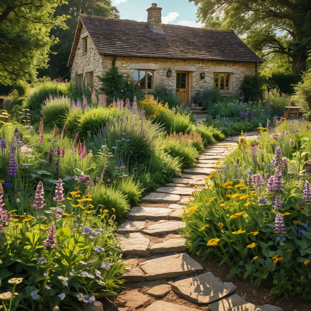 Фотореалистичное изображение очаровательного сада у коттеджа с бордюром из цветущего луга. Каменная дорожка, деревенская скамейка, жужжащие пчелы, порхающие бабочки, солнечный день, уютная атмосфера, пример мавританского газона в ландшафтном дизайне.