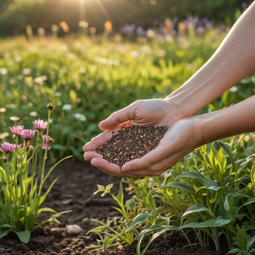 Фотореалистичный крупный план рук, разбрасывающих семена полевых цветов и трав по плодородной почве. Процесс посева мавританского газона, весенняя посадка, естественное освещение, детальное изображение действия.