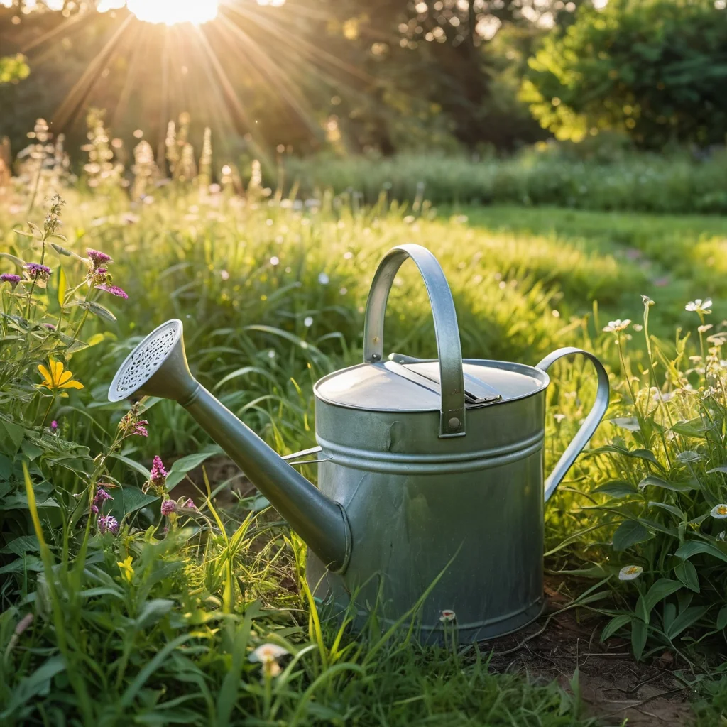 Фотореалистичное изображение, где лейка нежно поливает цветущий луг с полевыми цветами. Утренняя роса, солнечный свет, пробивающийся сквозь траву, пышная зелень, яркие цветы, мирный сад, концепция медленной жизни.
