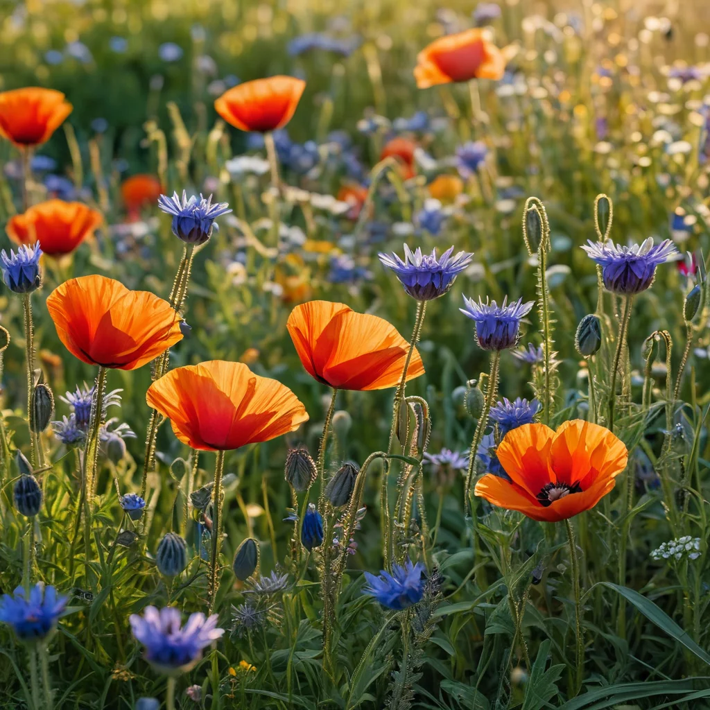 Фотореалистичный макроснимок разнообразных полевых цветов: маки, васильки, ромашки, лаванда, красочные луговые травы. Детализированные лепестки, капли росы, естественное освещение, акцент на растениях для мавританского газона.