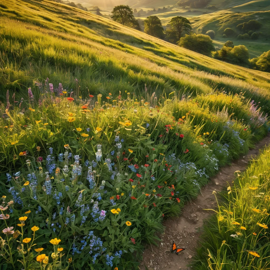 Фотореалистичный вид с высоты птичьего полета на цветущий луг с полевыми цветами, раскинувшийся на пологих холмах. Летний пейзаж, яркие цвета, мягкий солнечный свет, романтическая атмосфера, мирная сцена, летящие птицы, порхающие бабочки.