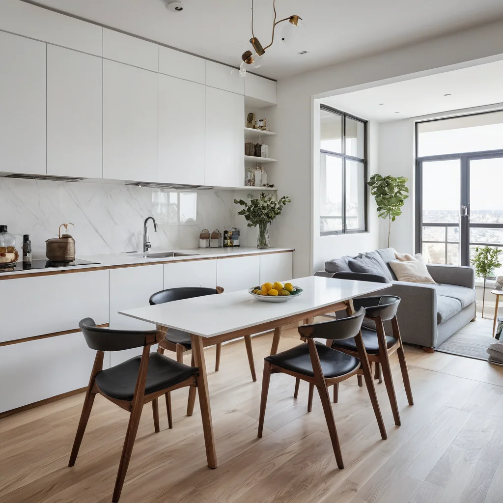 Фотореалистичная демонстрация принципов экономии места в малогабаритной квартире с использованием трансформируемой мебели, такой как модульный стол, для максимальной функциональности.