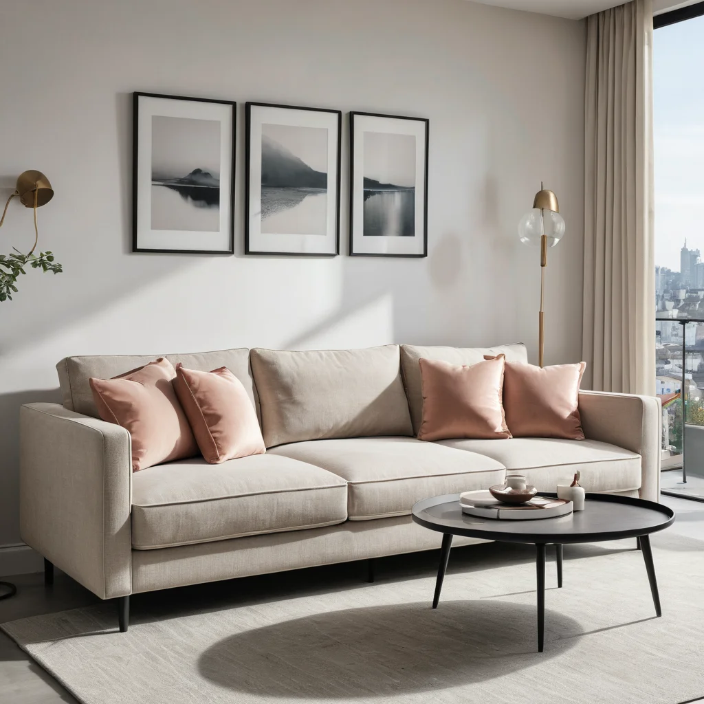 Фотореалистичный вид современного дивана-кровати в гостиной малогабаритной квартиры, показывающий его трансформацию из удобного места для сидения в комфортную кровать.