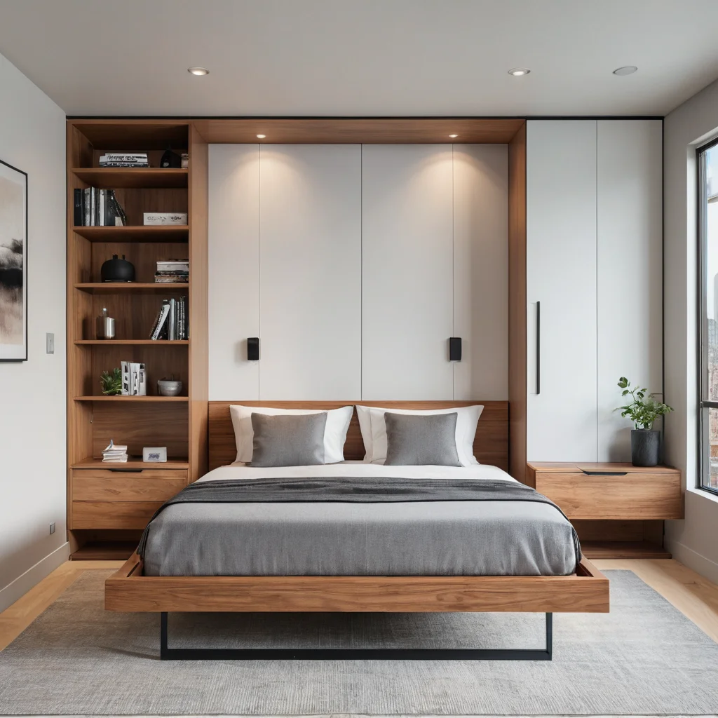 Фотореалистичный пример кровати-трансформера, встроенной в стену (Murphy bed), в студии, которая эффективно сочетает спальню и гостиную, экономя пространство.