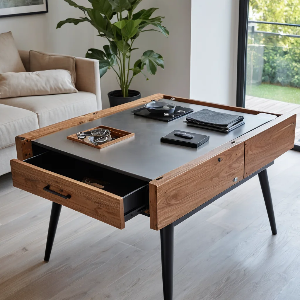 Фотореалистичный крупный план механизма трансформируемой мебели (стола) в малогабаритной квартире, акцентирующий внимание на материалах, эргономике и качестве сборки.