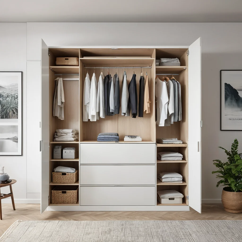 Фотореалистичное изображение модульной системы хранения-трансформера в небольшой квартире, демонстрирующее ее гибкость и способность адаптироваться к потребностям в организации.