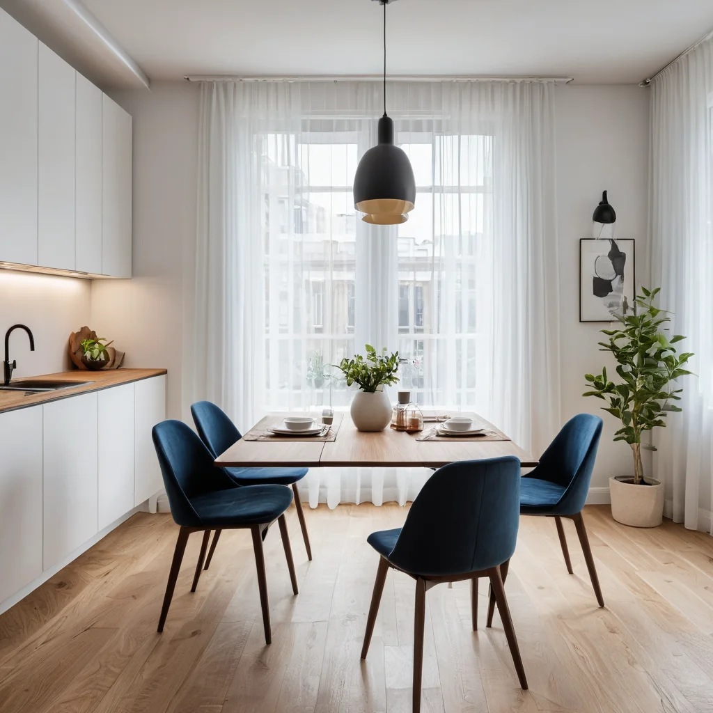 Фотореалистичное изображение стола-трансформера в малогабаритной квартире, демонстрирующего легкое превращение обеденной зоны в функциональное рабочее пространство.