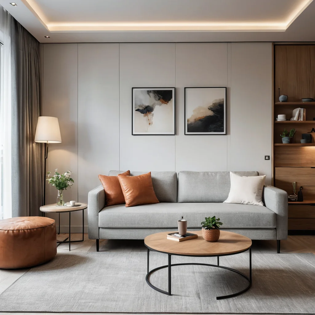 Фотореалистичное изображение уютной гостиной в небольшой квартире, где диван-трансформер является центральным элементом, демонстрируя умный дизайн и функциональность.