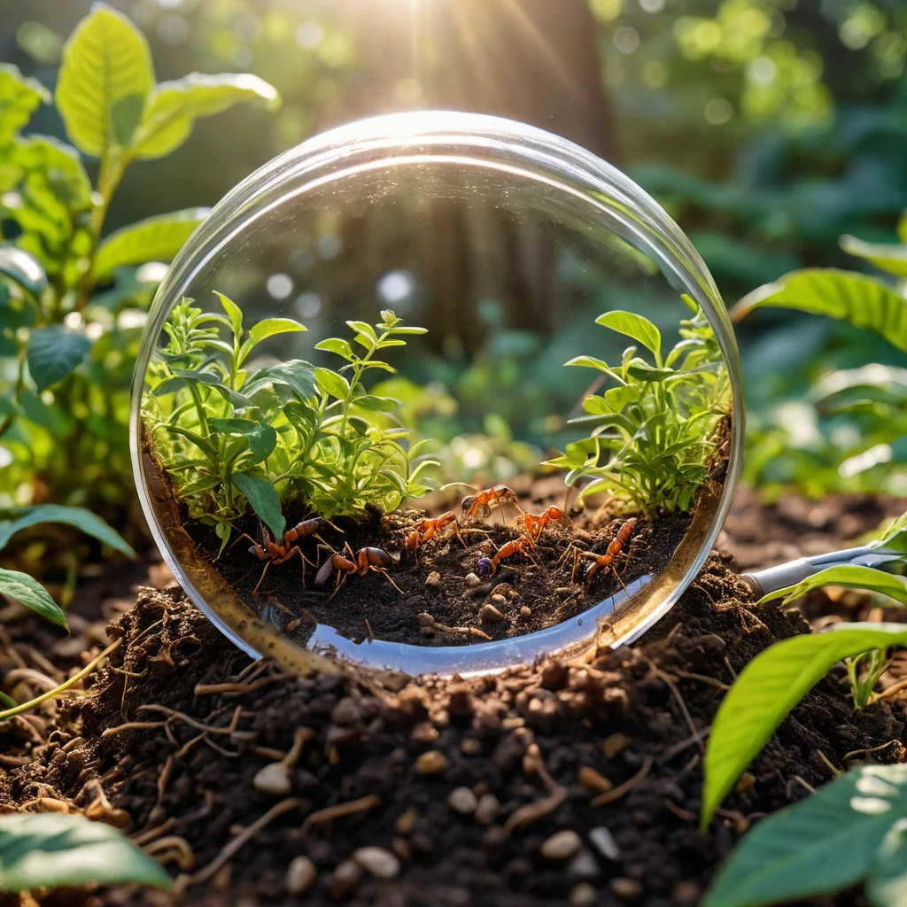Фотореалистичное изображение муравьиной фермы, показывающее колонию муравьев, прокладывающих туннели в земле, с лупой, демонстрирующей их деятельность; концепция образования и садоводства.