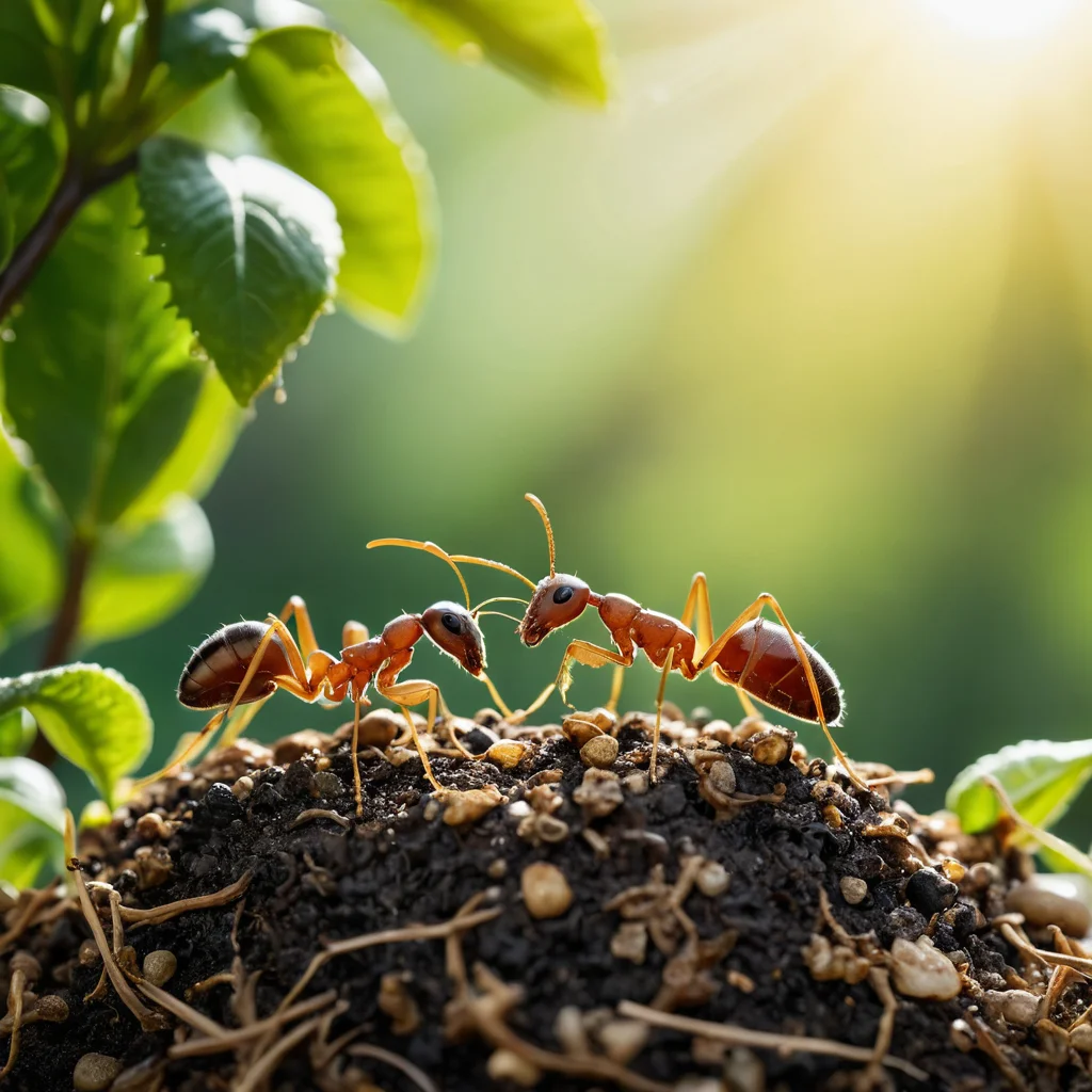 Фотореалистичный макро-снимок муравьев, питающихся в своей ферме; показаны мелкие частицы пищи и капля воды, демонстрирующие правильный уход за здоровой колонией.