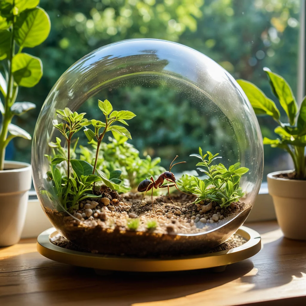 Фотореалистичное изображение муравьиной фермы, интегрированной в уютный домашний интерьер как элемент декора и образовательный проект для семьи, где дети с интересом наблюдают за жизнью колонии.