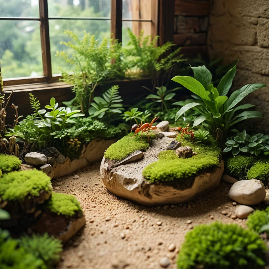 Фотореалистичное изображение красиво оформленной муравьиной фермы с миниатюрным ландшафтом, включающим песок, мох и крошечные растения, создающее уютное пространство для колонии.