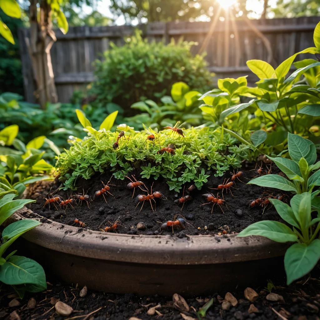 Фотореалистичное изображение муравьиной фермы с распространенными ошибками: увядшие растения, плесень на субстрате, показывающее, чего следует избегать при создании и содержании колонии.