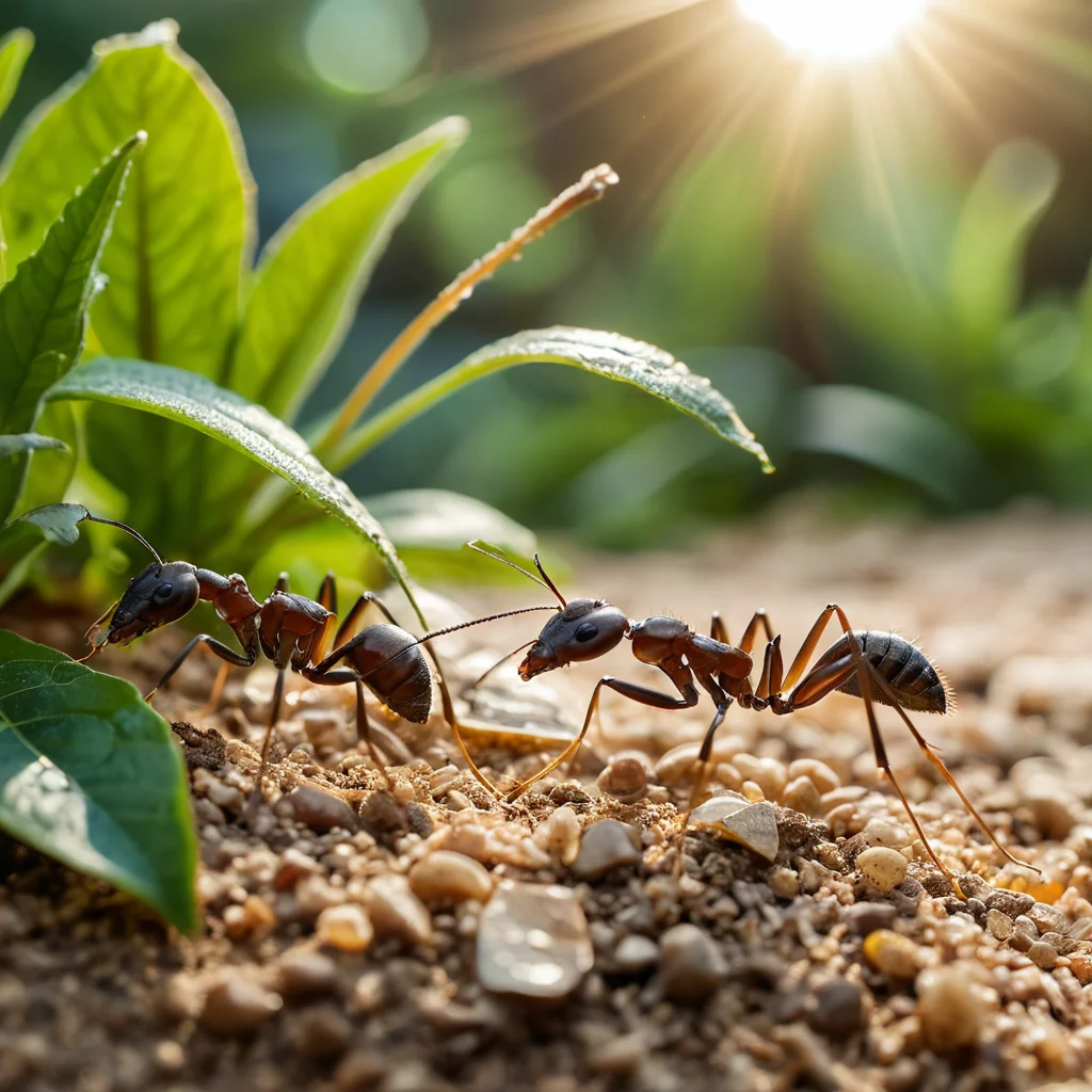 Фотореалистичный крупный план начинающих видов муравьев в их миниатюрной ферме, включая инструменты для наблюдения, подчеркивая их пригодность для начинающих энтузиастов садоводства.