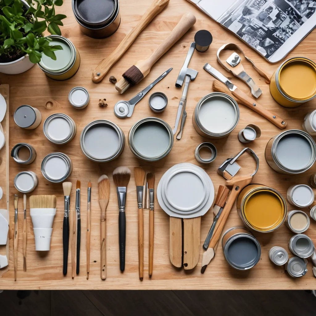 Фотореалистичный вид сверху на организованный стол для рукоделия, заставленный бюджетными материалами для DIY-декора и предметами из IKEA, такими как банки с краской, кисти и обрезки дерева.