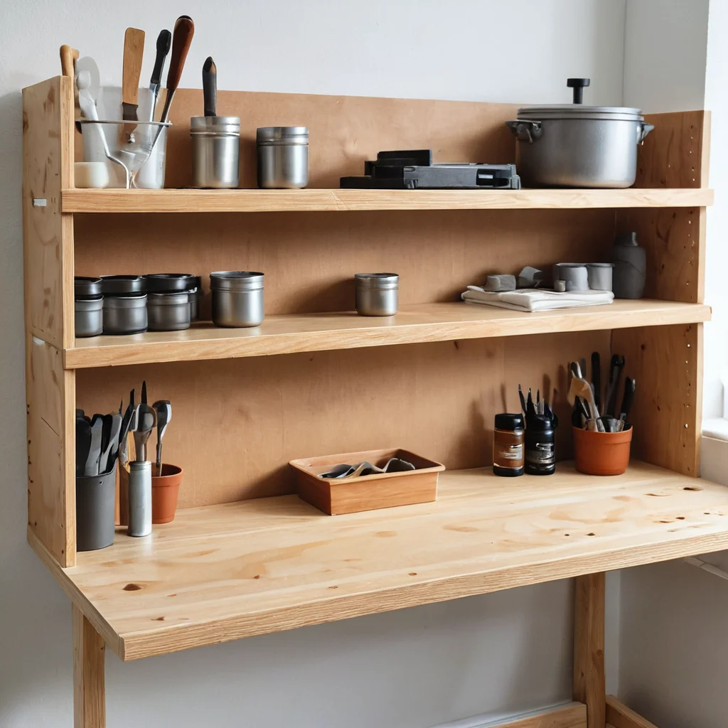 Фотореалистичный крупный план рук мастера, работающего на верстаке над переделкой полки IKEA, процесс включает столярные работы и покраску, с видимыми инструментами.