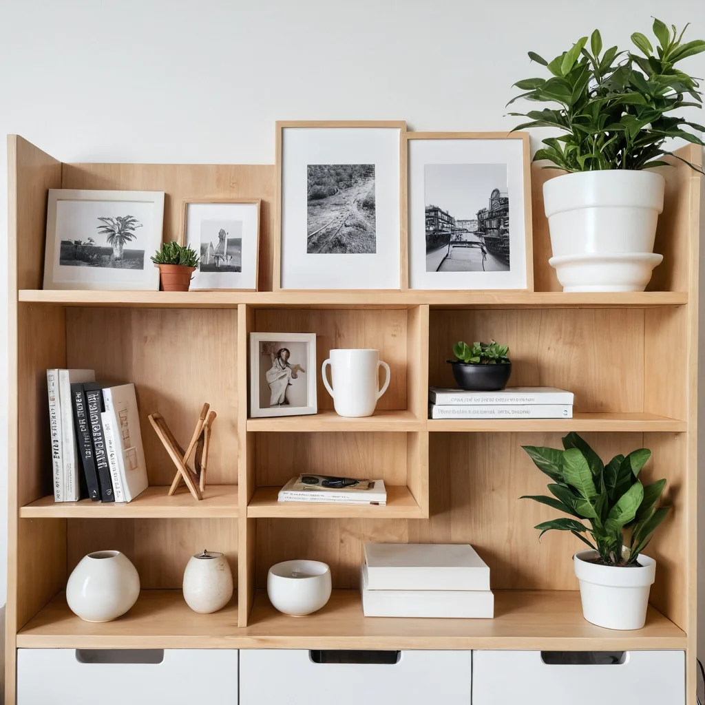 Фотореалистичное изображение, демонстрирующее преображение бюджетного декора для дома с использованием IKEA-хаков, показывающее разницу до и после, с акцентом на организованную полку и чистое пространство.