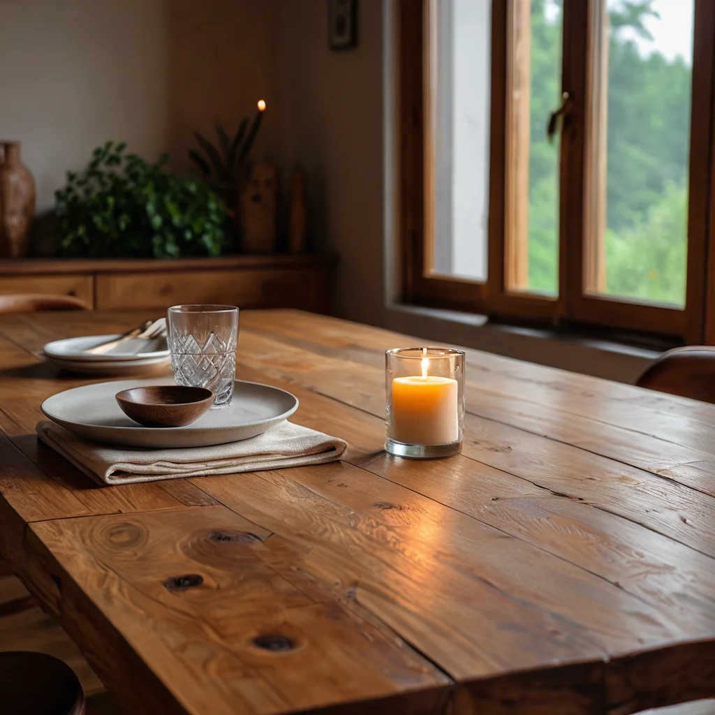 Крупный план поверхности стола из необработанного дерева с видимой текстурой и естественным рисунком, залитой теплым солнечным светом, демонстрирующий душевное тепло и ремесленное качество.