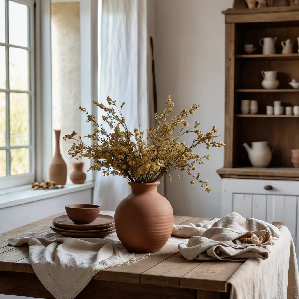Натюрморт с глиняной вазой, наполненной сухоцветами, на льняной скатерти, дополненный изделиями из глины. Композиция в землистых тонах под мягким естественным светом, подчеркивающая тактильный комфорт.