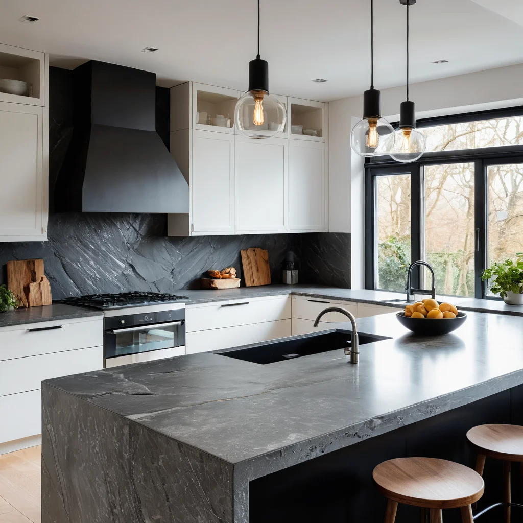 Современная кухонная столешница из натурального камня (сланец или гранит) с чистыми линиями и отполированной поверхностью, отражающей солнечный свет, символизирующая спокойствие и основательность.